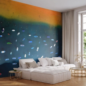 Självhäftande Fototapet Deluxe Sticker - Ett semesterspel - Båtar, Strand, Kust - 450x315 cm