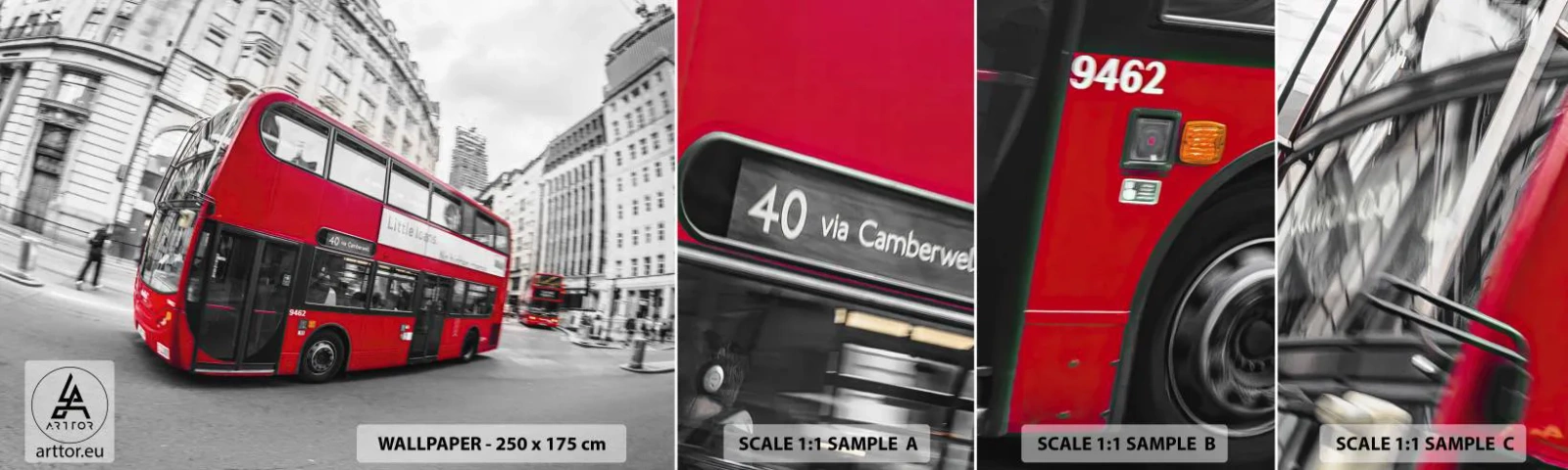 Fototapet Prov Standard Eco - Londo traditionellt - by bus - Stad, London, Röd buss - 100x30 cm