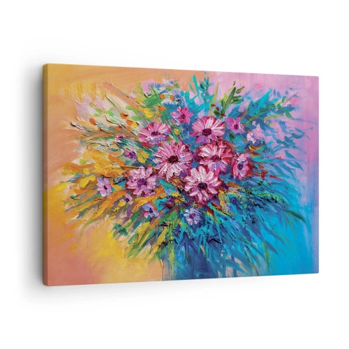 Canvastavla - Bild på duk - Färgglada blommor i en bukett mot en pastellfärgad bakgrund - 70x50cm - Livets energi - Modern väggdekoration för vardagsrum och sovrum ARTTOR