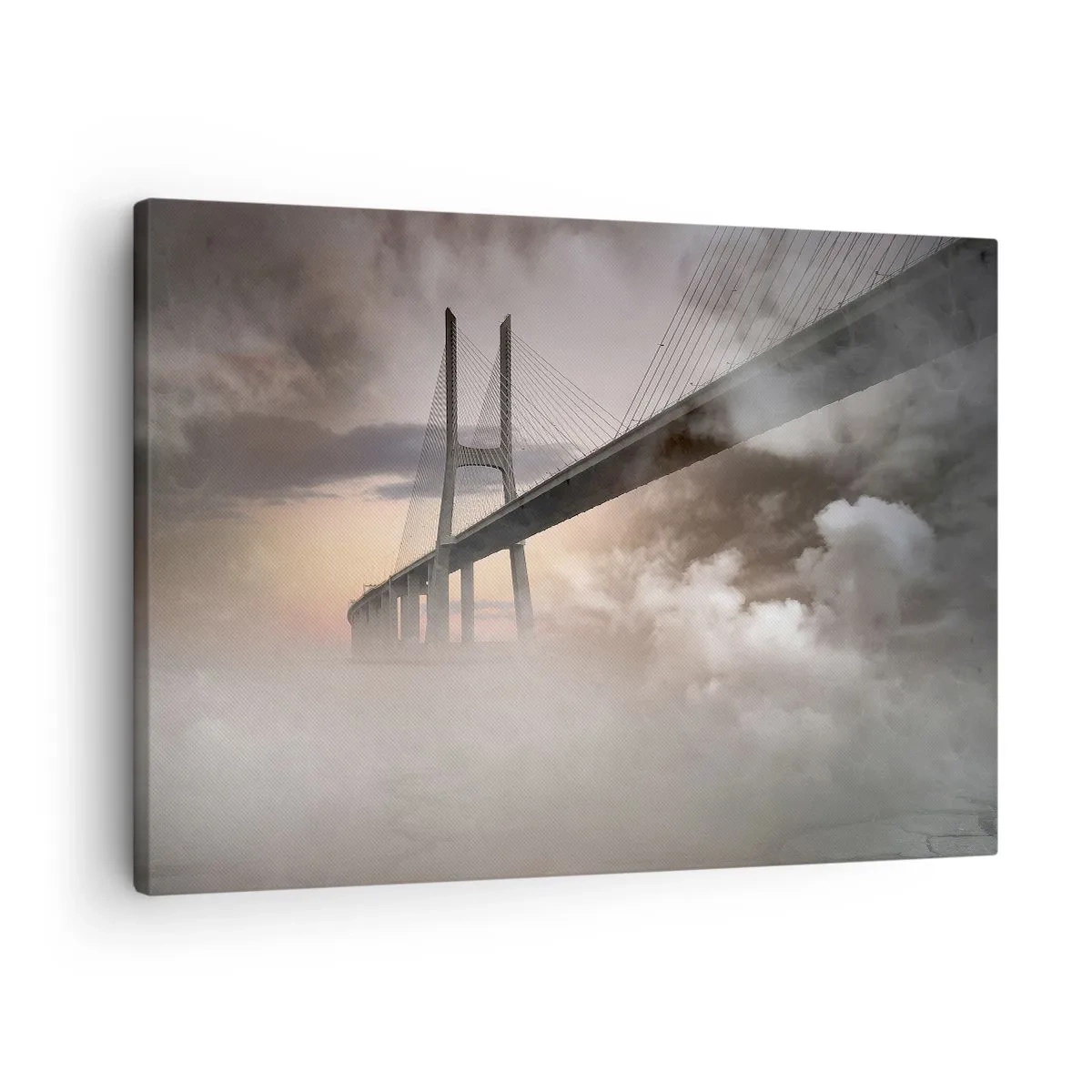 Canvastavla - Bild på duk - En bro över en flod omgiven av dimma på morgonen - 70x50cm - Vid en flod som inte finns - Modern väggdekoration för vardagsrum och sovrum ARTTOR