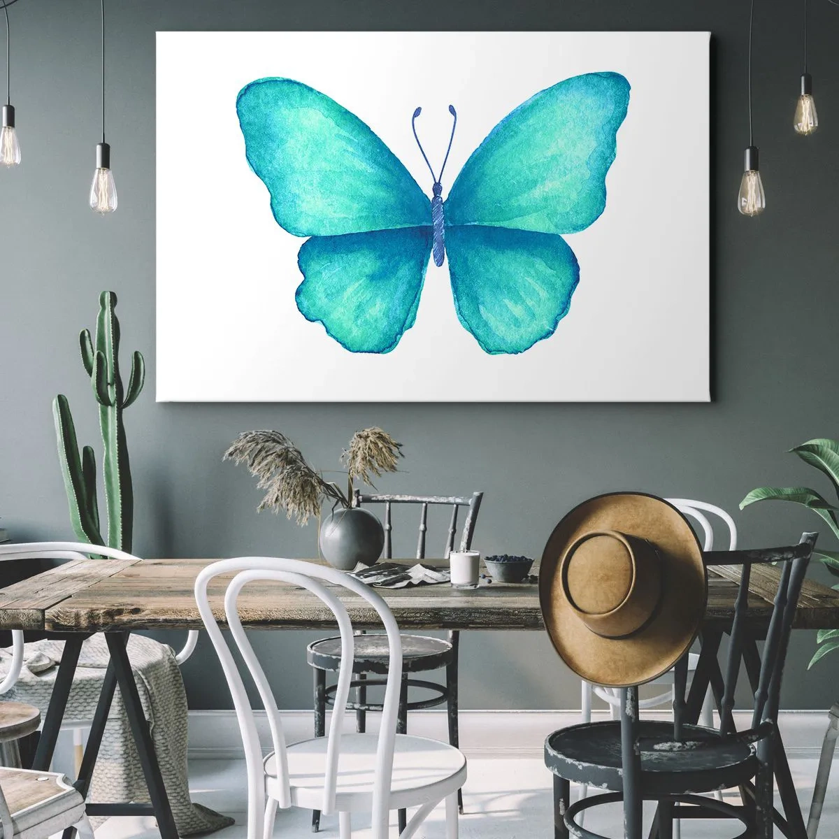 Canvastavla - Bild på duk - Blå fjäril i akvarellstil på vit bakgrund - 70x50cm - Naturlig turkos - Modern väggdekoration för vardagsrum och sovrum ARTTOR