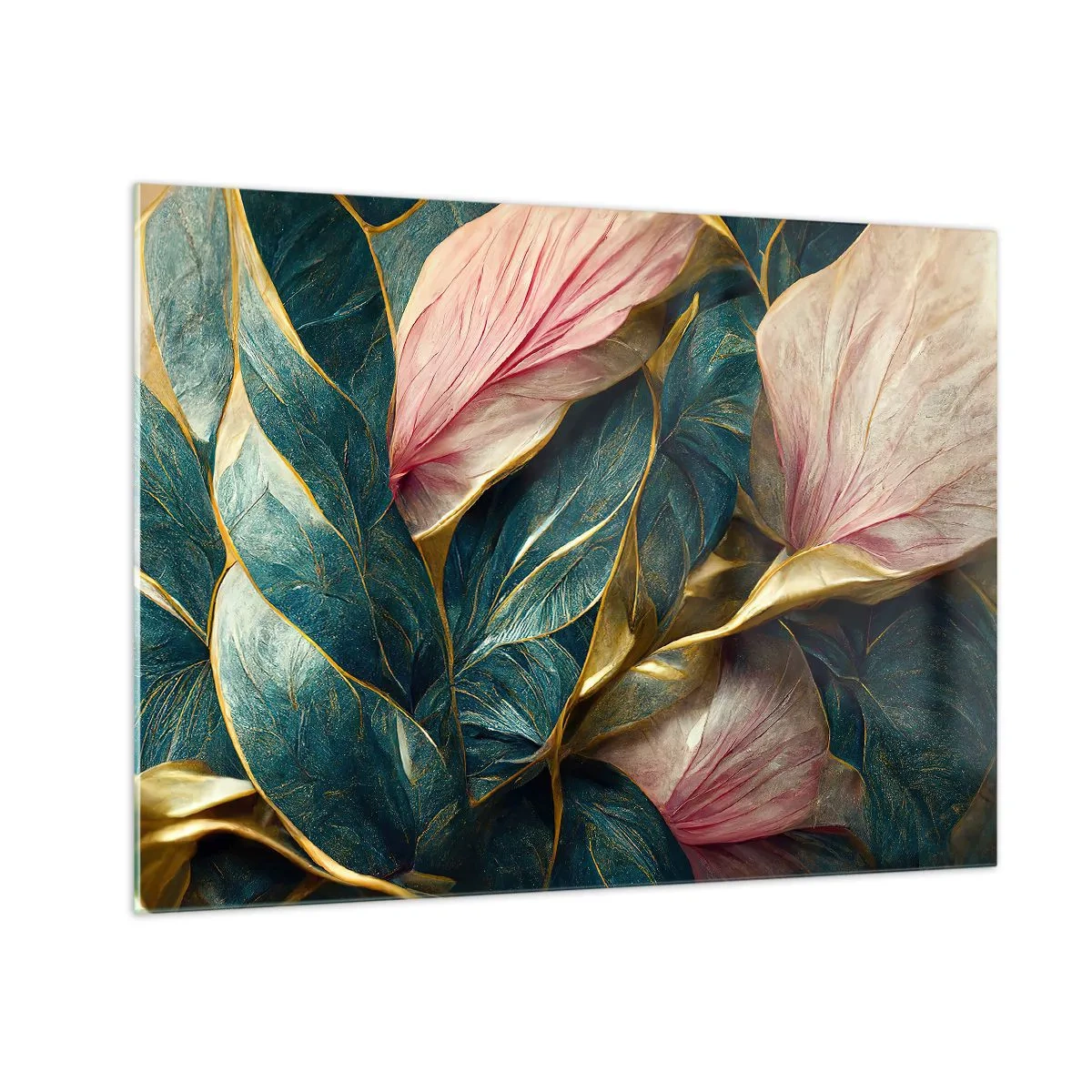 Glastavla - Bild på glas - Gröna och rosa blad med guldfärgade accenter - 70x50cm - Naturlig elegans och stil - Modern väggdekoration för vardagsrum och sovrum ARTTOR