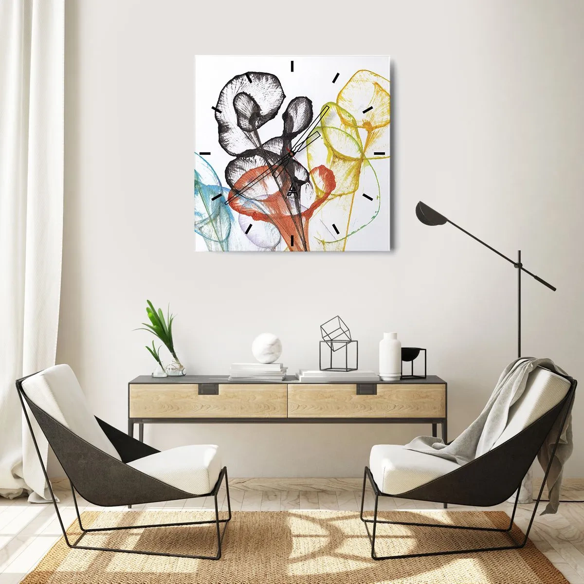 Väggklocka - Klocka på glas - Blommor med själ - 40x40 cm