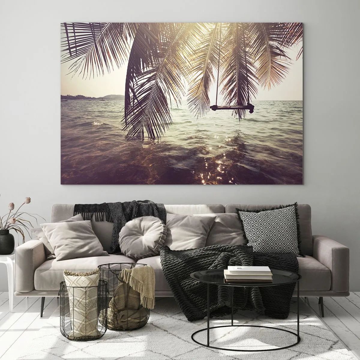 Glastavla - Bild på glas - En strand med palmer och en gunga över ett lugnt hav - 70x50cm - Gunga i molnen hur mycket du vill - Modern väggdekoration för vardagsrum och sovrum ARTTOR