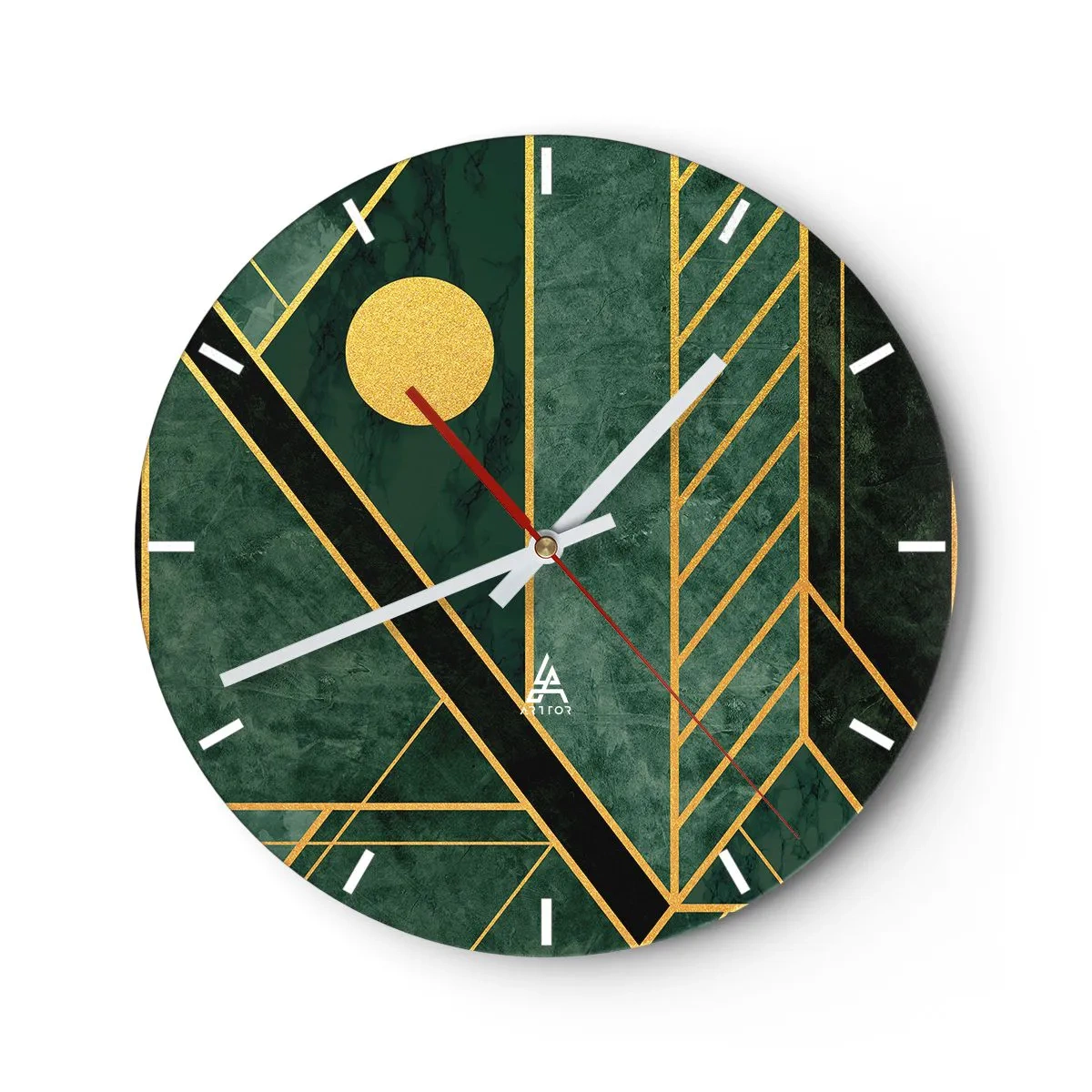 Väggklocka - Klocka på glas - Grön bakgrund med geometriska guldlinjer och en guldcirkel - 30x30cm - Dynamik av guld och azurblå - Modern väggdekoration för vardagsrum, kök och sovrum ARTTOR