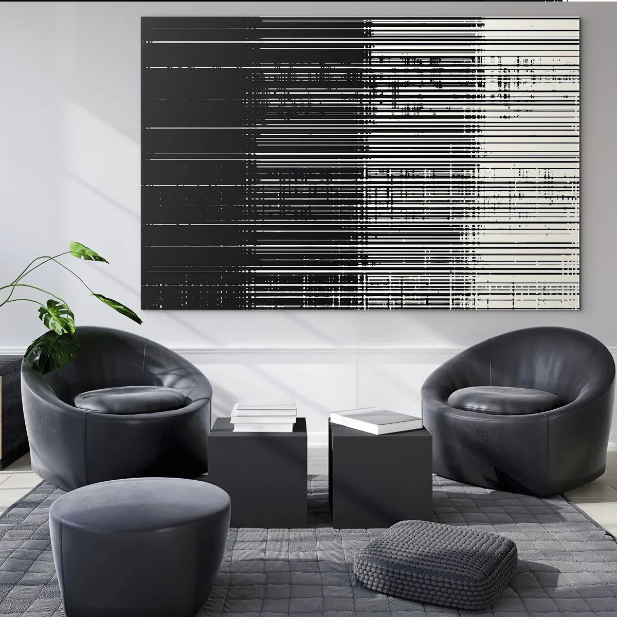 Glastavla - Bild på glas - Svartvit abstraktion med horisontella linjer som skapar en gradient - 70x50cm - Vågor och vibrationer - Modern väggdekoration för vardagsrum och sovrum ARTTOR
