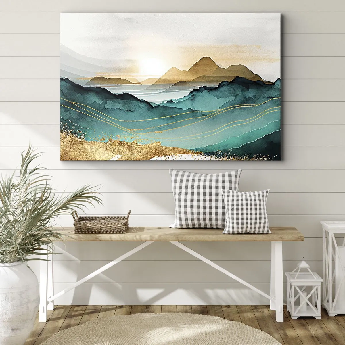 Canvastavla - Bild på duk - Abstrakt landskap med berg och gyllene accenter - 70x50cm - På gränsen till abstraktion - landskap - Modern väggdekoration för vardagsrum och sovrum ARTTOR