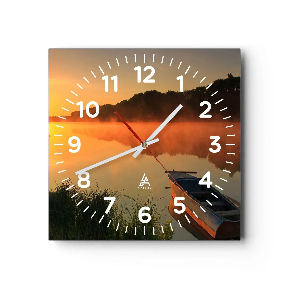 Väggklocka - Klocka på glas - Soluppgång vid spegelklart vatten - 40x40 cm