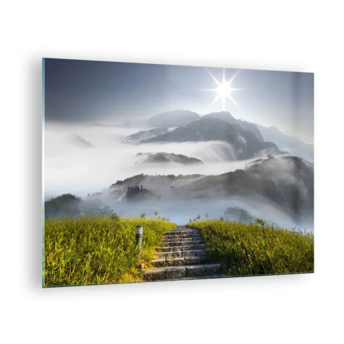 Glastavla - Bild på glas - Berglandskap med dimma och trappor som leder till toppen - 70x50cm - Upp mot molnen - Modern väggdekoration för vardagsrum och sovrum ARTTOR