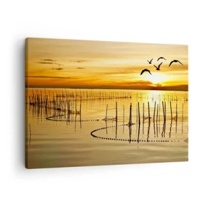 Canvastavla - Bild på duk - Solnedgång över vattnet med fåglar i flykt - 70x50cm - Fiskevatten - Modern väggdekoration för vardagsrum och sovrum ARTTOR