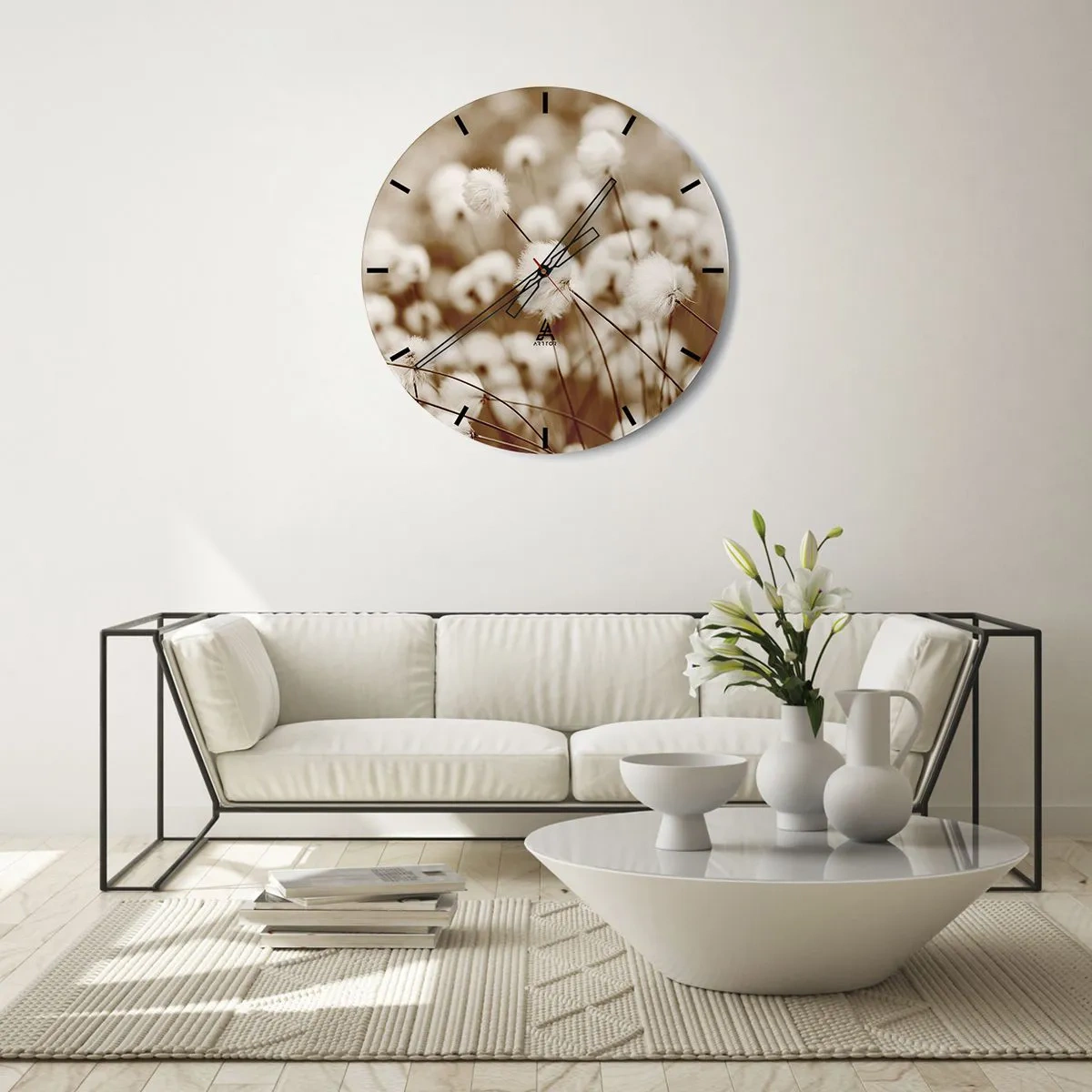 Väggklocka - Klocka på glas - Fluffiga vita växter mot en dimmig sepiaäng - 30x30cm - Fluffig åkermark - Modern väggdekoration för vardagsrum, kök och sovrum ARTTOR