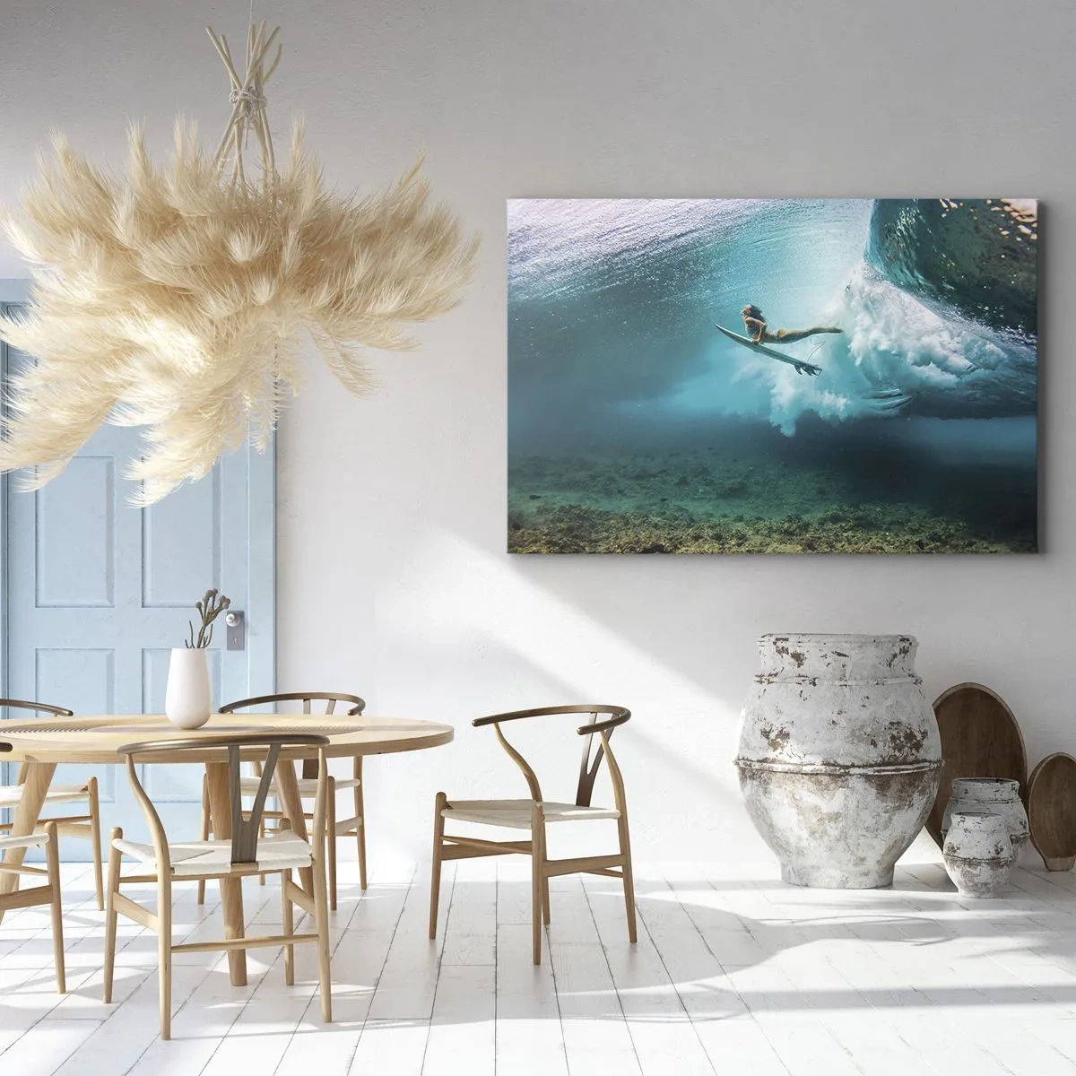 Canvastavla - Bild på duk - Surfare under en våg i det blå havsvattnet - 70x50cm - Undervattenvärld - Modern väggdekoration för vardagsrum och sovrum ARTTOR
