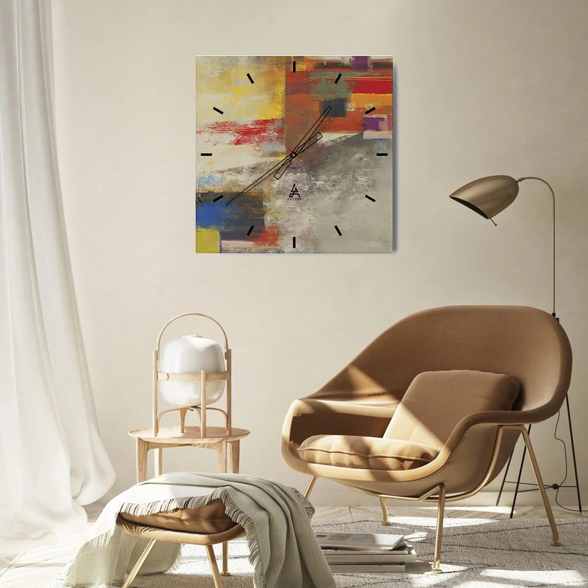 Väggklocka - Klocka på glas - Färgernas geometri - 40x40 cm