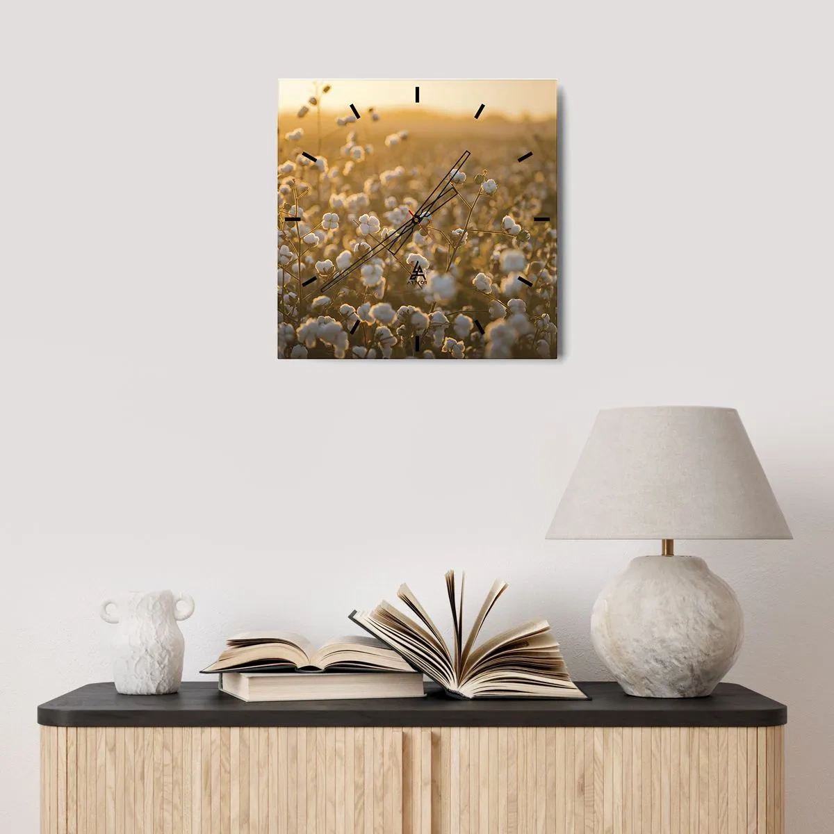 Väggklocka - Klocka på glas - Fluffigt fält - 40x40 cm