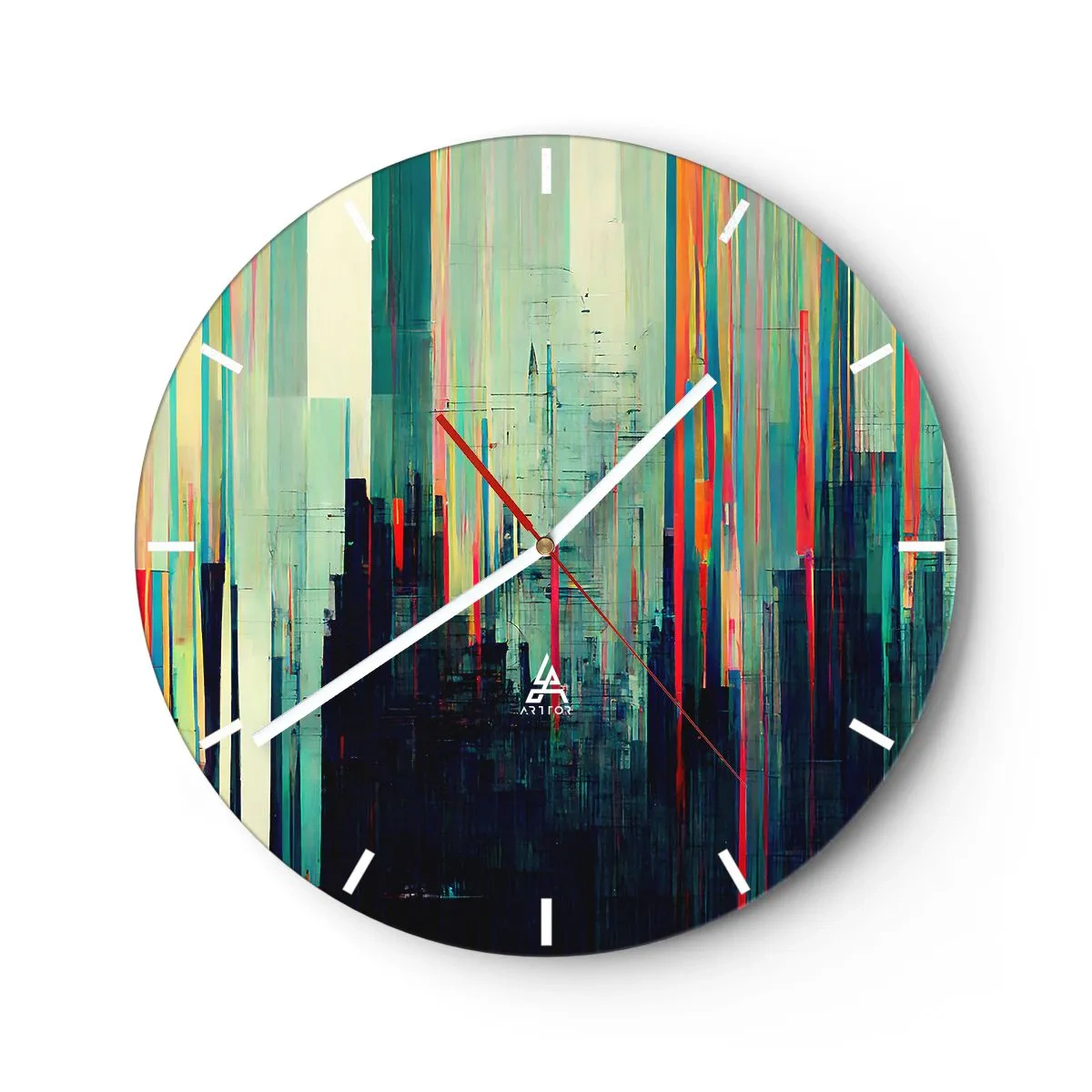 Väggklocka - Klocka på glas - En färgglad abstraktion med vertikala linjer som liknar en stad - 30x30cm - Futuristisk stad - Modern väggdekoration för vardagsrum, kök och sovrum ARTTOR
