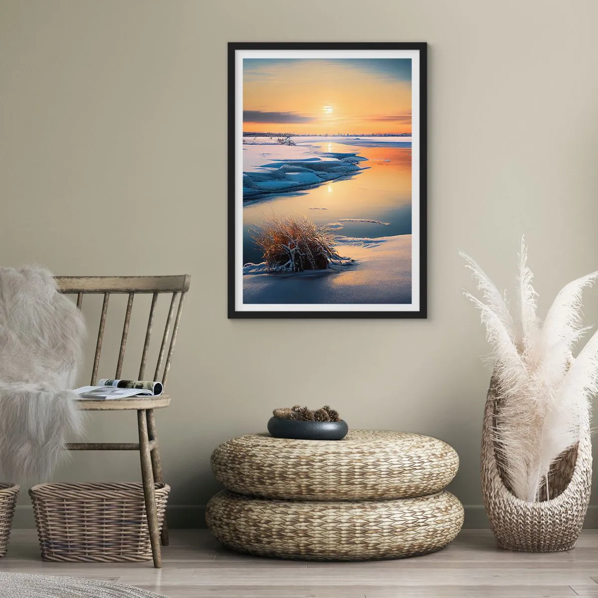 Affisch i svart ram - Vinterlandskap med en flod vid solnedgången - 50x70cm - Vintersolnedgång - Modern väggdekoration för vardagsrum och sovrum ARTTOR