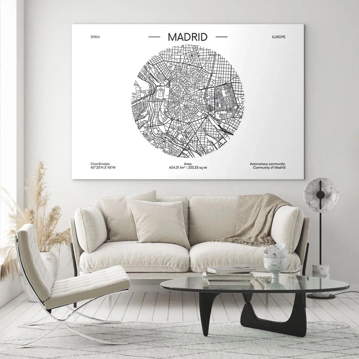 Glastavla - Bild på glas - En svartvit minimalistisk karta över Madrid i cirkulär form. - 70x50cm - Madrids anatomi - Modern väggdekoration för vardagsrum och sovrum ARTTOR