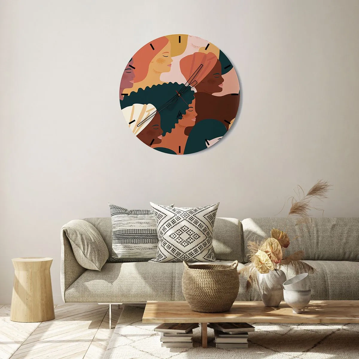 Väggklocka - Klocka på glas - Färgglad illustration av kvinnliga silhuetter i boho-stil - 30x30cm - Endast kvinnlighet - Modern väggdekoration för vardagsrum, kök och sovrum ARTTOR