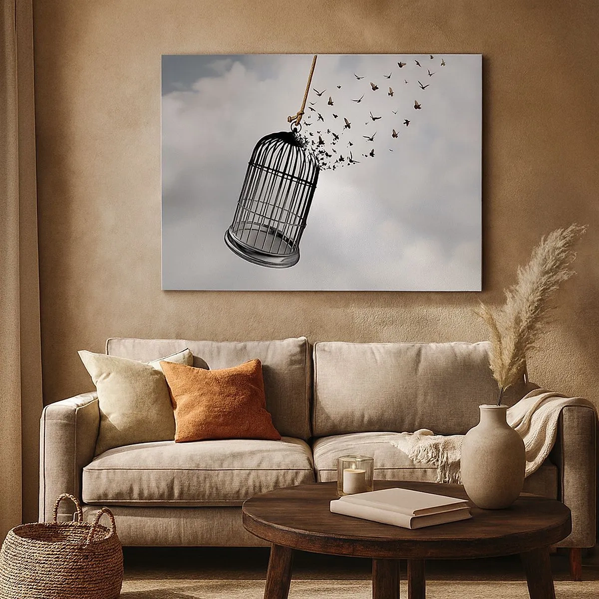 Canvastavla - Bild på duk - Fåglar som flyger ut ur en bur mot himlen - 70x50cm - Tro...Hopp...Frihet! - Modern väggdekoration för vardagsrum och sovrum ARTTOR