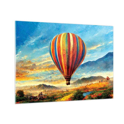 Glastavla - Bild på glas - En färgglad ballong som svävar över ett bergslandskap - 70x50cm - I tystnad ser man mer - Modern väggdekoration för vardagsrum och sovrum ARTTOR