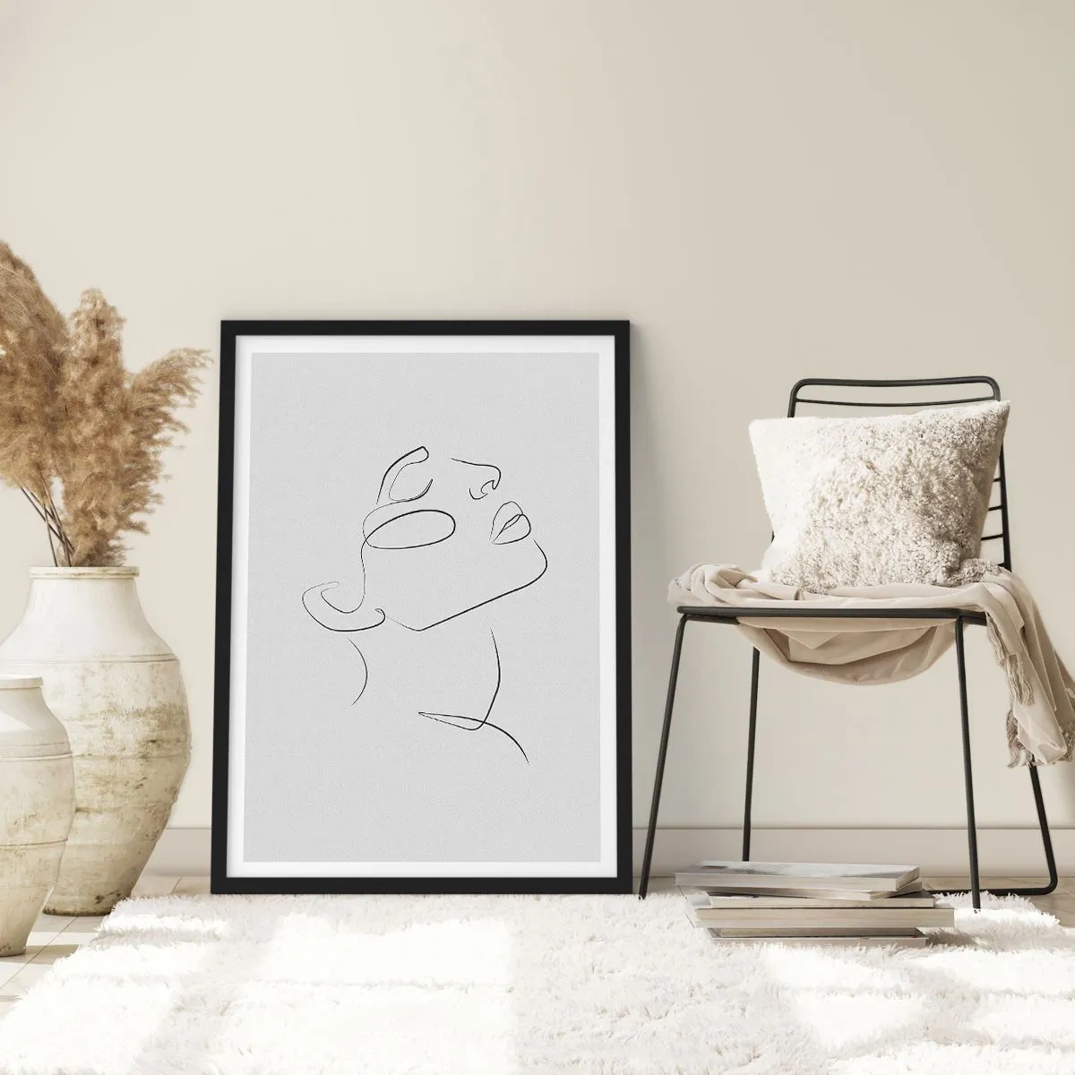 Affisch i svart ram - Minimalistiskt porträtt av en kvinna i linjekonststil - 50x70cm - Drömmens meander - Modern väggdekoration för vardagsrum och sovrum ARTTOR