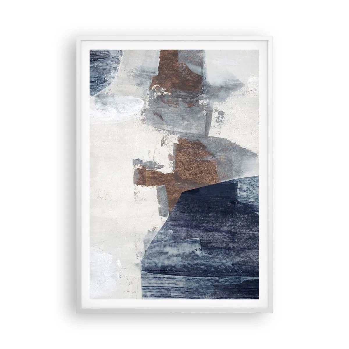 Affisch i vit ram - Blåbruna former - 70x100 cm