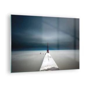Glastavla - Bild på glas - En minimalistisk pir som leder till fyren mot bakgrund av hav och himmel - 70x50cm - Möta det oändliga - Modern väggdekoration för vardagsrum och sovrum ARTTOR