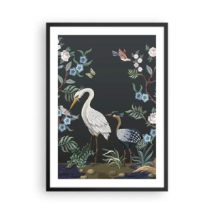 Affisch i svart ram - Illustration av fåglar bland blommor på en mörk bakgrund - 50x70cm - Fågelparad - Modern väggdekoration för vardagsrum och sovrum ARTTOR
