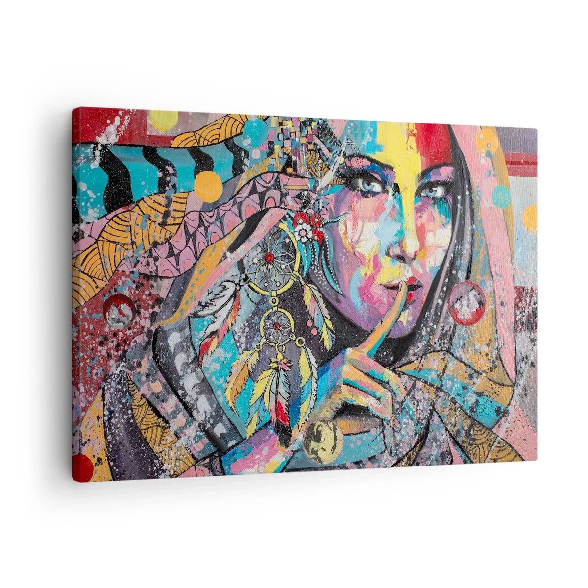 Canvastavla - Bild på duk - Färgglatt kvinnligt ansikte i konstnärlig stil - 70x50cm - Var tyst tills du förstår - Modern väggdekoration för vardagsrum och sovrum ARTTOR