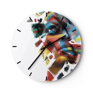 Väggklocka - Klocka på glas - Färgglad abstraktion av ett ansikte med intensiva penseldrag - 30x30cm - Färgrik personlighet - Modern väggdekoration för vardagsrum, kök och sovrum ARTTOR