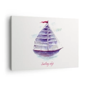 Canvastavla - Bild på duk - En akvarellmålning av en segelbåt på vattnet med en delikat inskription - 70x50cm - Fulla seglar och lugnt vatten - Modern väggdekoration för vardagsrum och sovrum ARTTOR