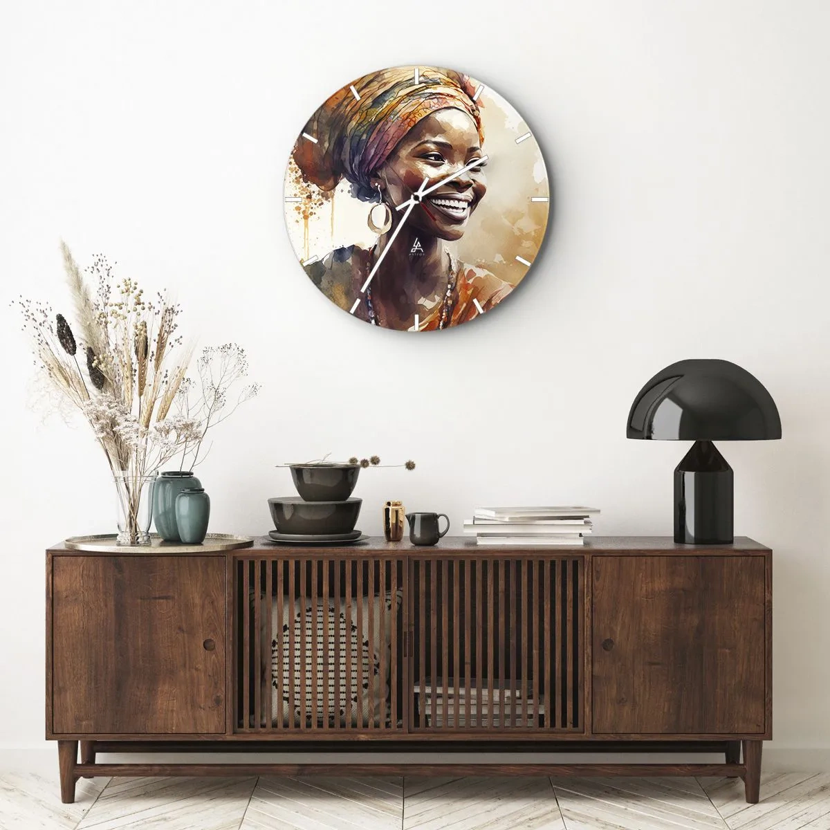 Väggklocka - Klocka på glas - Afrikansk drottning - 40x40 cm