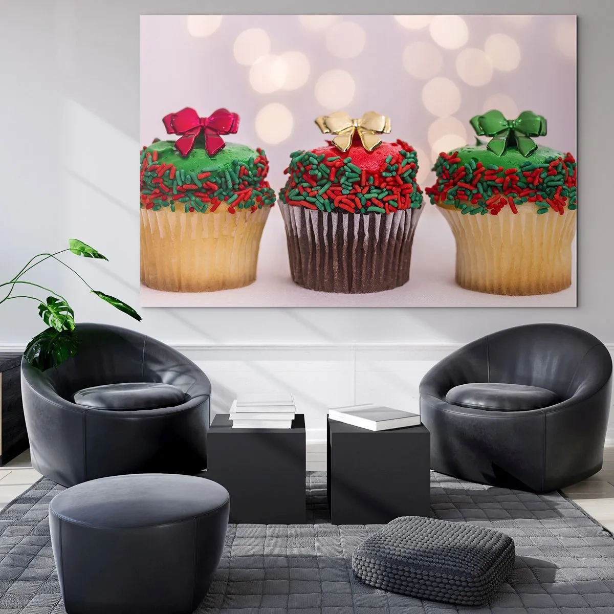 Glastavla - Bild på glas - Julmuffins med rosettdekorationer - 70x50cm - Läckert - Modern väggdekoration för vardagsrum och sovrum ARTTOR
