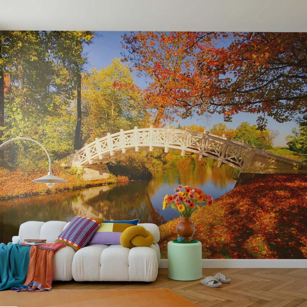 Självhäftande Fototapet Deluxe Sticker - På suckarnas vita bro - Landskap, Parkera, Träbro - 250x175 cm