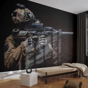 Fototapet Standard Eco - Taktisk soldat med ett vapen i mörkret - 100x70cm - Dödligt effektiv - Modern väggdekoration för vardagsrum och sovrum ARTTOR