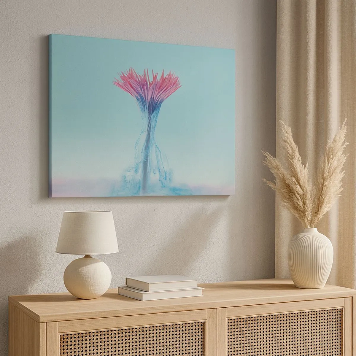 Canvastavla - Bild på duk - En rosa och blå blomma i ett konstnärligt arrangemang mot en pastellfärgad bakgrund - 70x50cm - I upplivande famn - Modern väggdekoration för vardagsrum och sovrum ARTTOR
