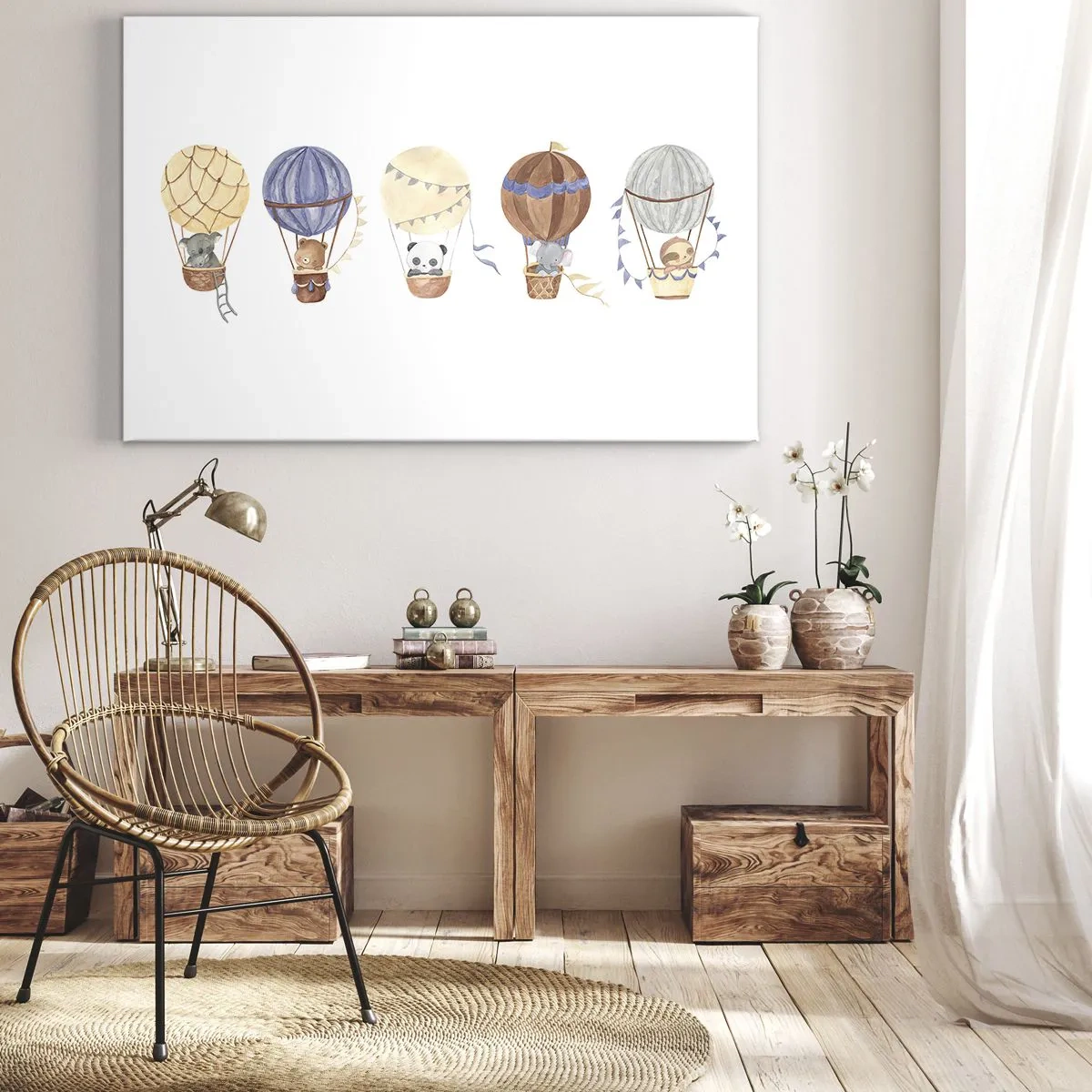 Canvastavla - Bild på duk - Söta djur i ballonger på en vit bakgrund - 70x50cm - Vänner på en resa - Modern väggdekoration för vardagsrum och sovrum ARTTOR