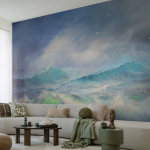 Fototapet Premium Sand - "Orkanen vrålade med triumf…' - Storm, Hög våg, Fåglar - 100x70 cm