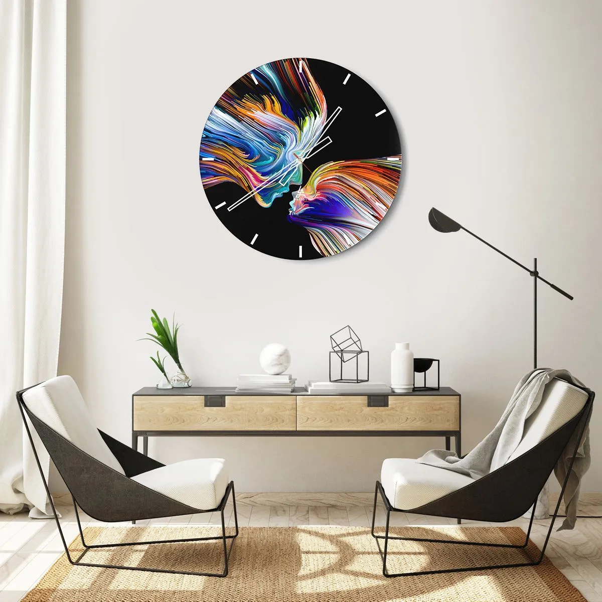 Väggklocka - Klocka på glas - Två ansikten med färgglada, virvlande linjer mot en svart bakgrund. - 30x30cm - Fusion av energi och ljus - Modern väggdekoration för vardagsrum, kök och sovrum ARTTOR