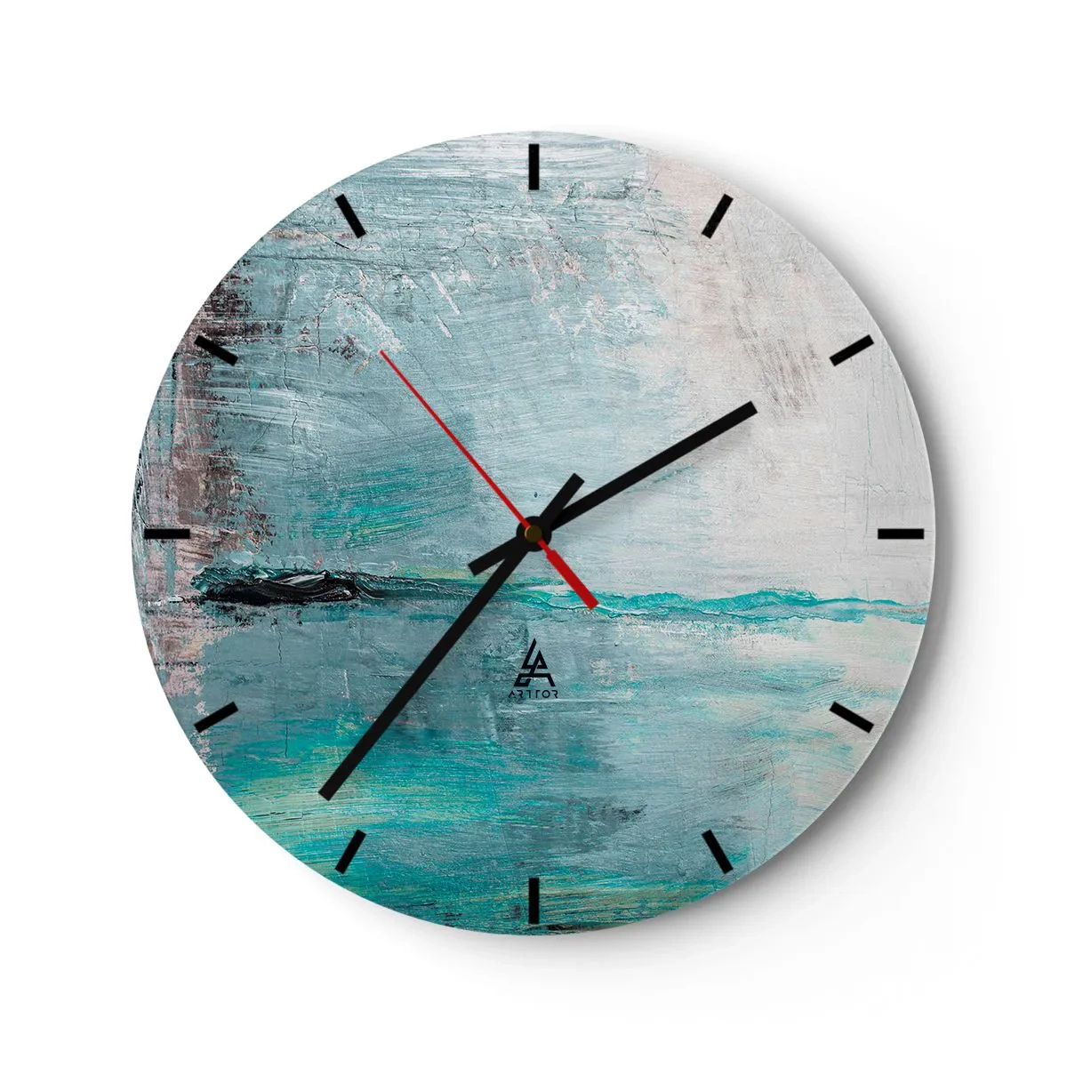 Väggklocka - Klocka på glas - En urtavla med ett abstrakt motiv i nyanser av blått och grått. - 30x30cm - Horisontellt i blått - Modern väggdekoration för vardagsrum, kök och sovrum ARTTOR