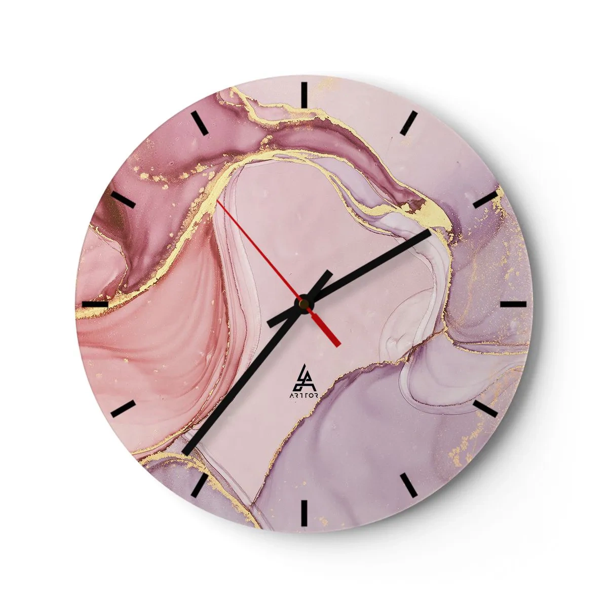 Väggklocka - Klocka på glas - Abstrakt klocka med rosa och guldfärgade accenter - 30x30cm - Färgernas smek - Modern väggdekoration för vardagsrum, kök och sovrum ARTTOR