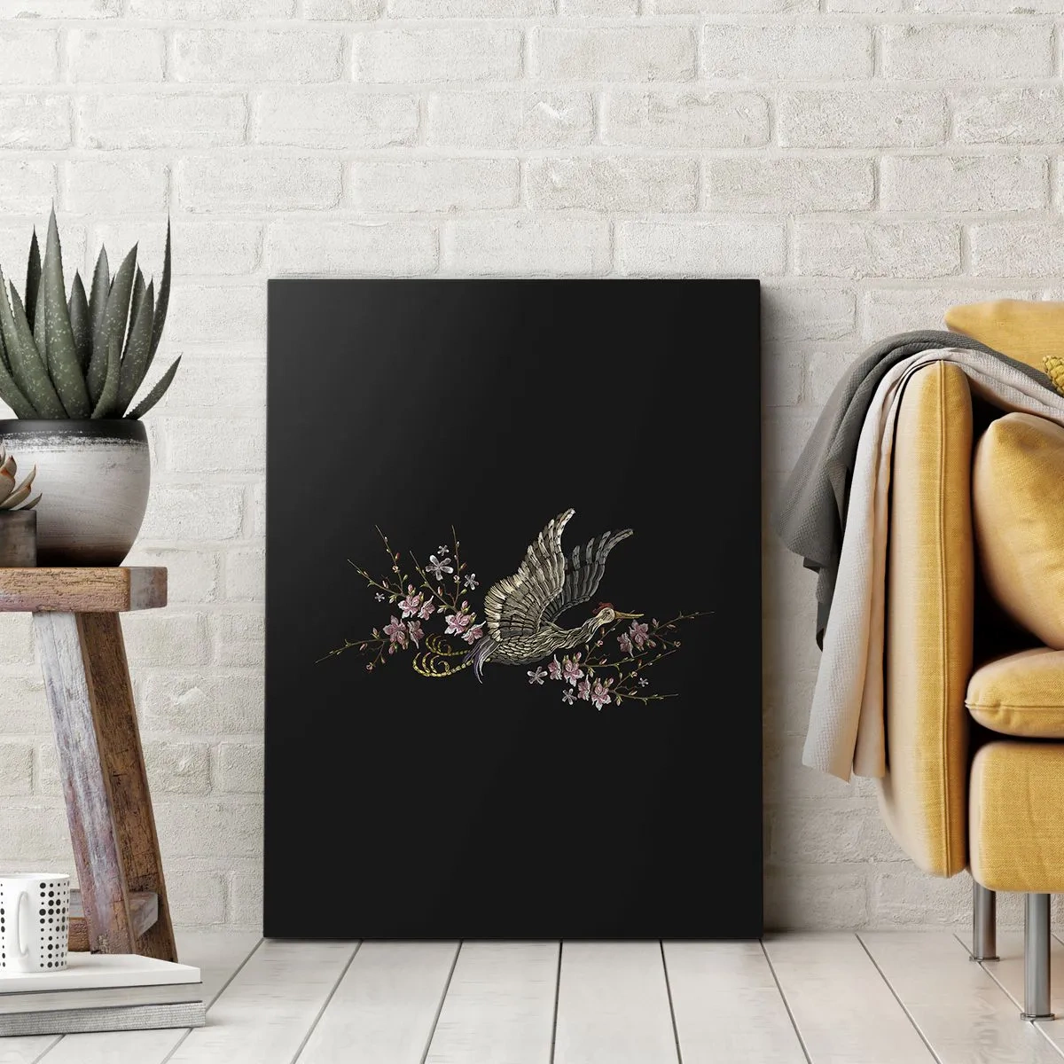 Canvastavla - Bild på duk - Exotisk, broderad fågel - 50x70 cm