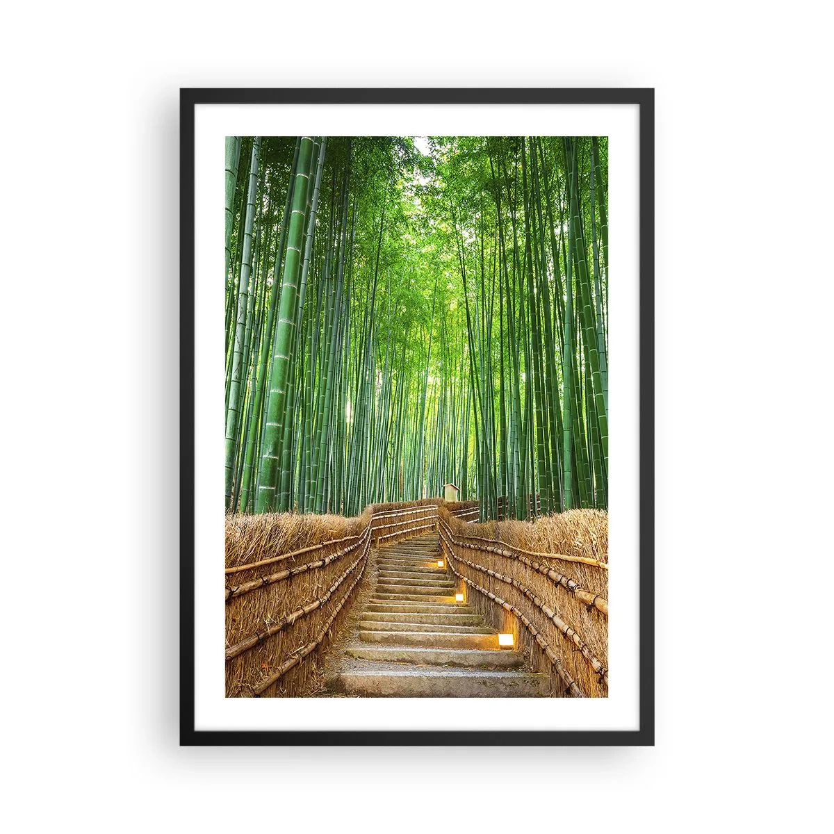 Affisch i svart ram - Stigen genom bambuskogen med belysning - 50x70cm - Asiatiska kulturens essäns - Modern väggdekoration för vardagsrum och sovrum ARTTOR