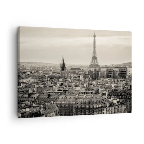 Canvastavla - Bild på duk - Panorama över Paris med Eiffeltornet i sepiafärger - 70x50cm - Över Paris tak - Modern väggdekoration för vardagsrum och sovrum ARTTOR