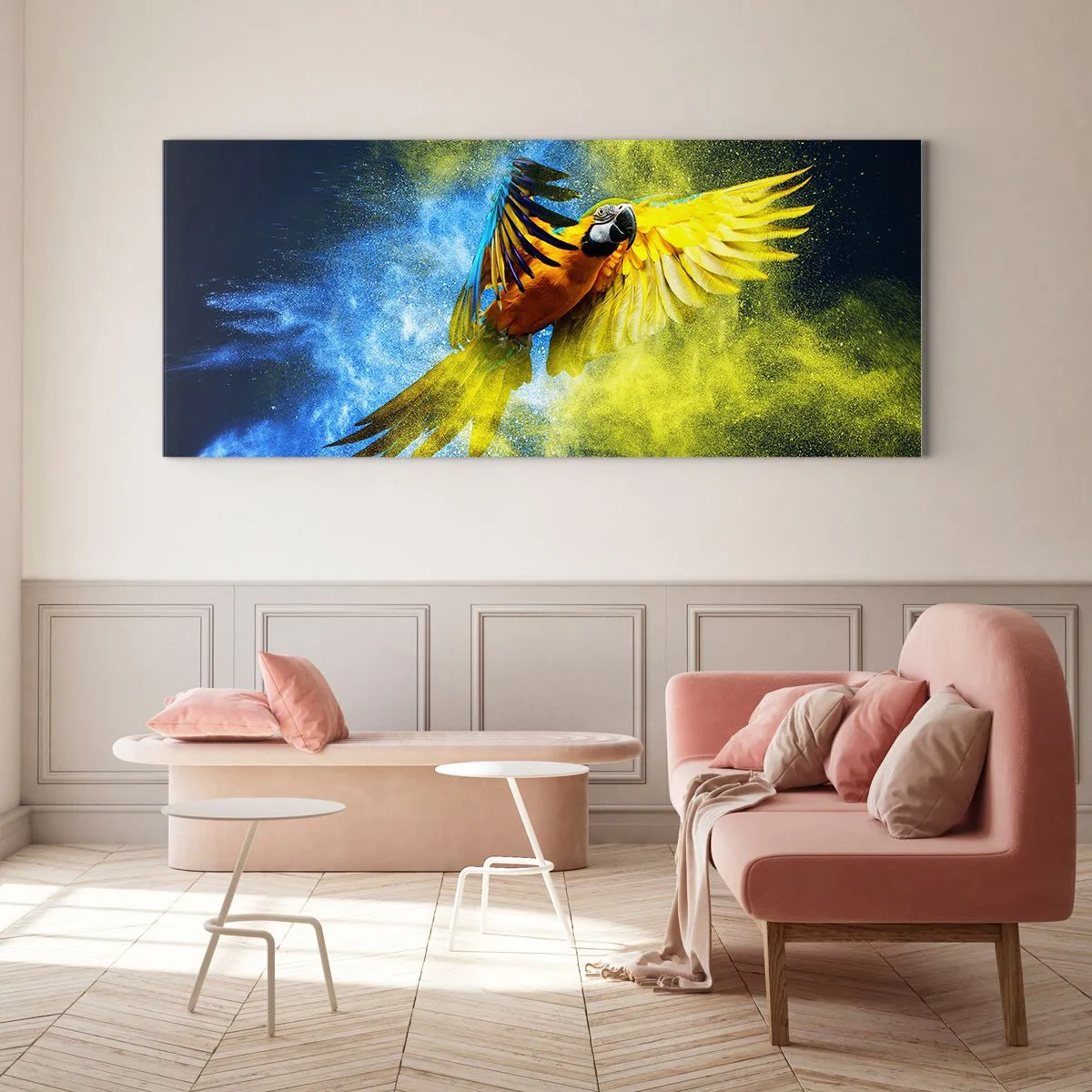 Glastavla - Bild på glas - I blå-gult damm - 160x50 cm