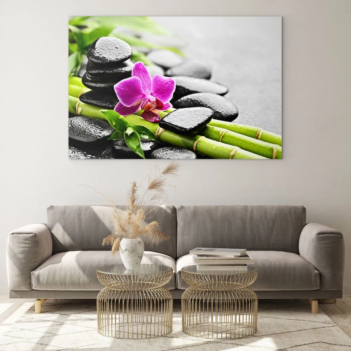Glastavla - Bild på glas - Orkidé, svarta stenar och bambu i ett lugnt arrangemang - 70x50cm - Lugn balans - Modern väggdekoration för vardagsrum och sovrum ARTTOR