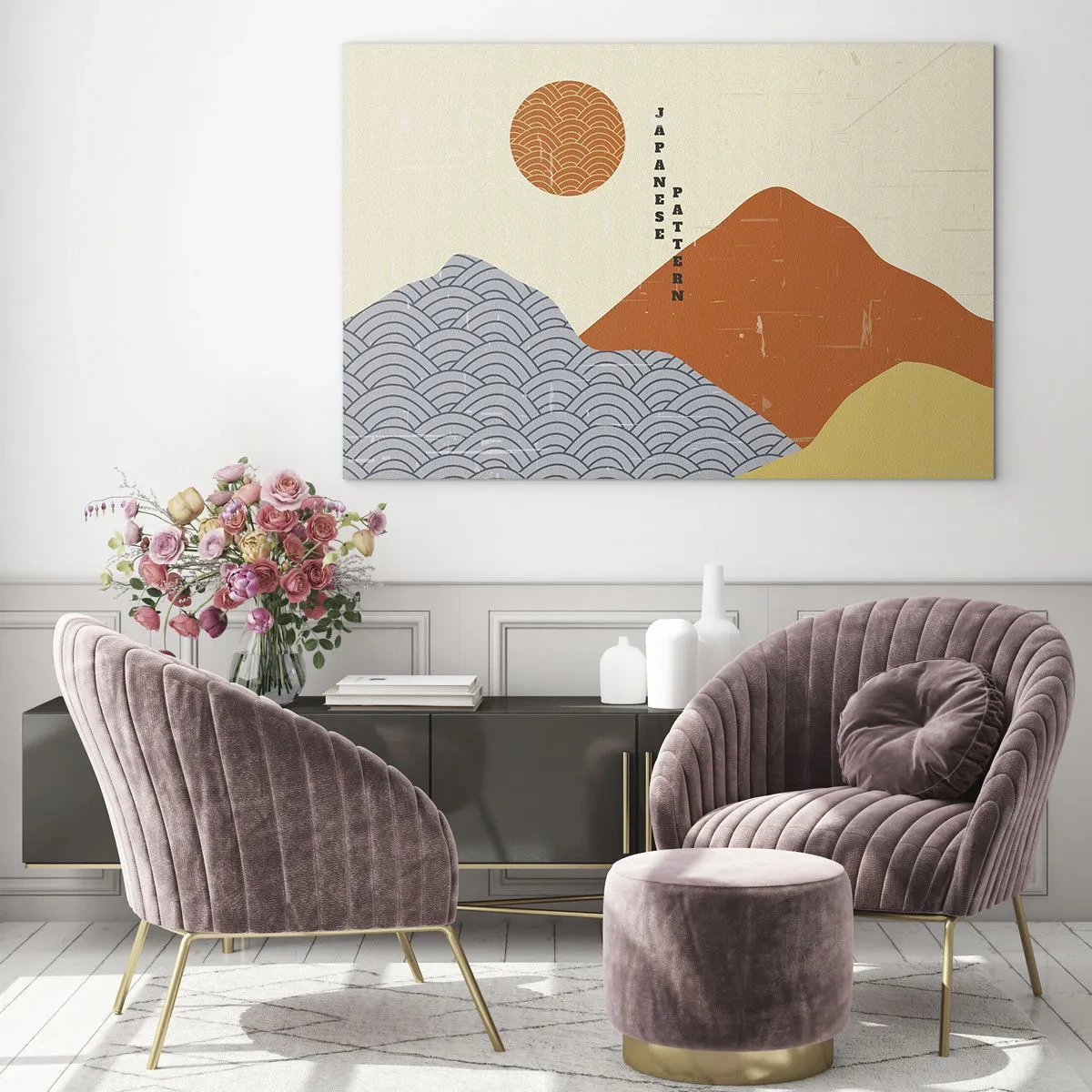 Glastavla - Bild på glas - Grafik med japanska berg- och solmönster - 70x50cm - I den japanska andan - Modern väggdekoration för vardagsrum och sovrum ARTTOR
