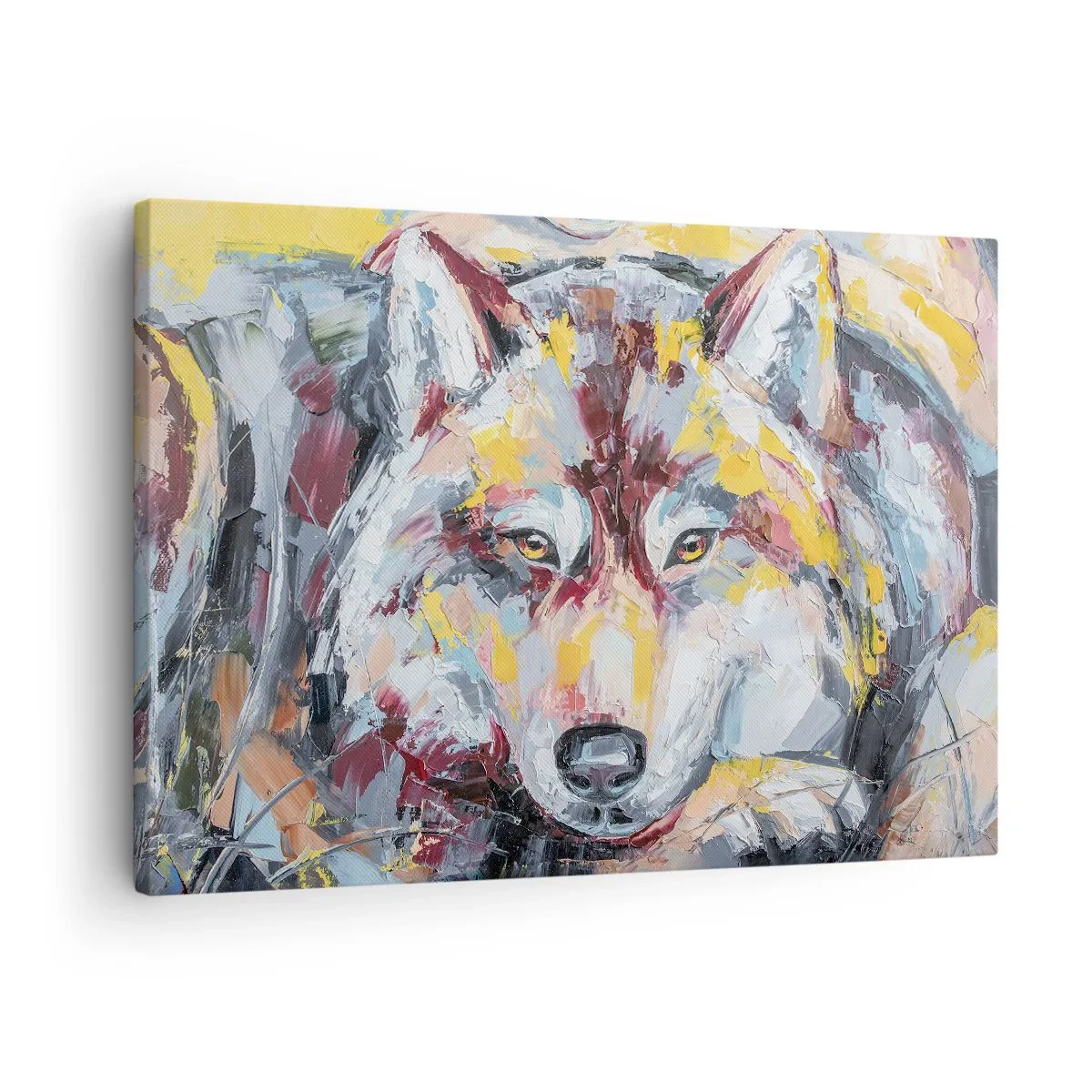 Canvastavla - Bild på duk - Konstnärligt porträtt av en varg i intensiva färger - 70x50cm - Lugnt bland de närmsta - Modern väggdekoration för vardagsrum och sovrum ARTTOR