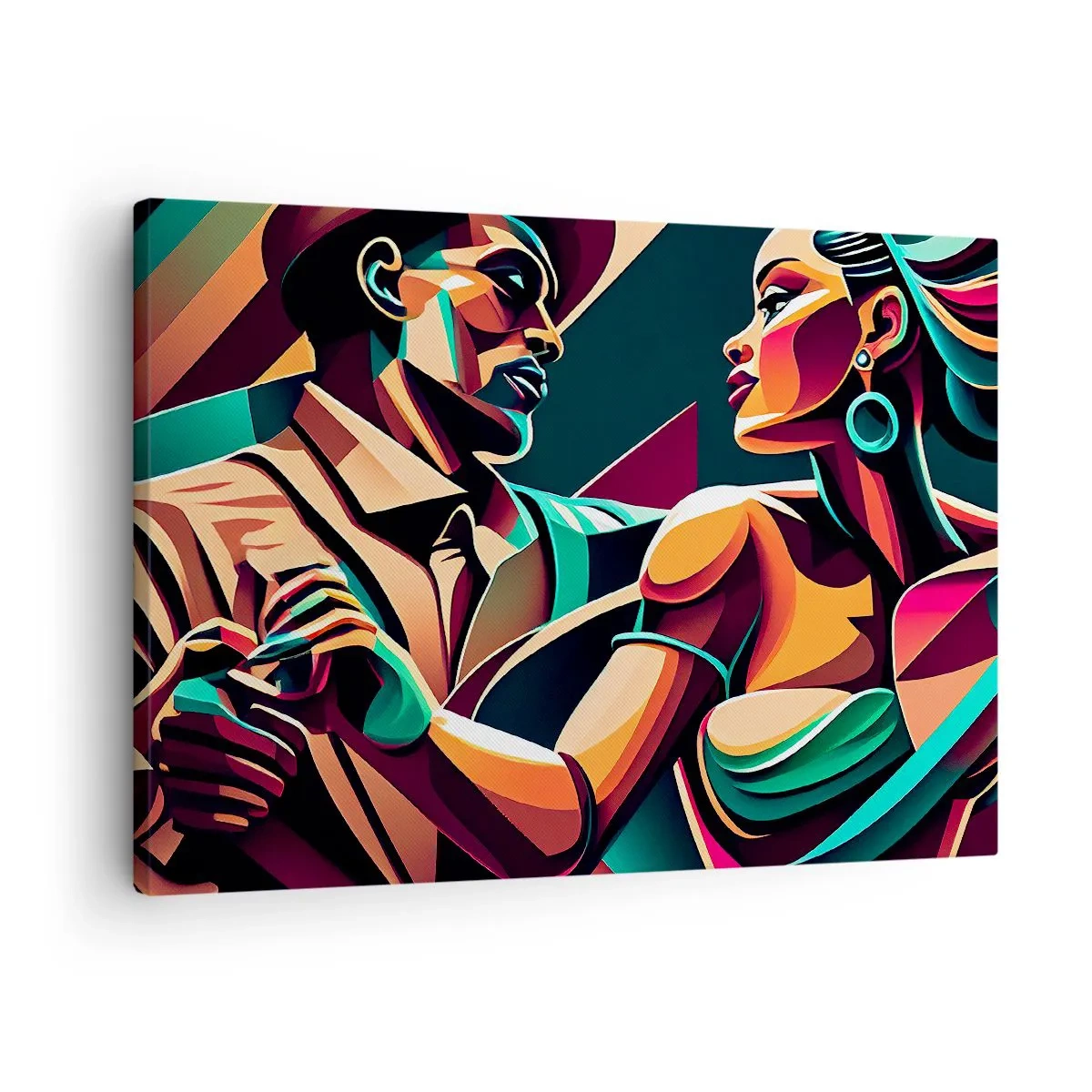 Canvastavla - Bild på duk - Ett stiliserat par som dansar i livfulla, geometriska färger. - 70x50cm - I hjärtats rytm - Modern väggdekoration för vardagsrum och sovrum ARTTOR