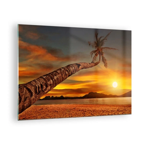 Glastavla - Bild på glas - Palmträd på en tropisk strand vid solnedgången - 70x50cm - Exotisk semester, ett äventyr i Karibien - Modern väggdekoration för vardagsrum och sovrum ARTTOR